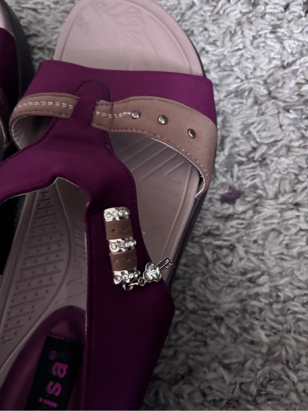 Women's Purple and Tan Embellished T-Strap Sandals